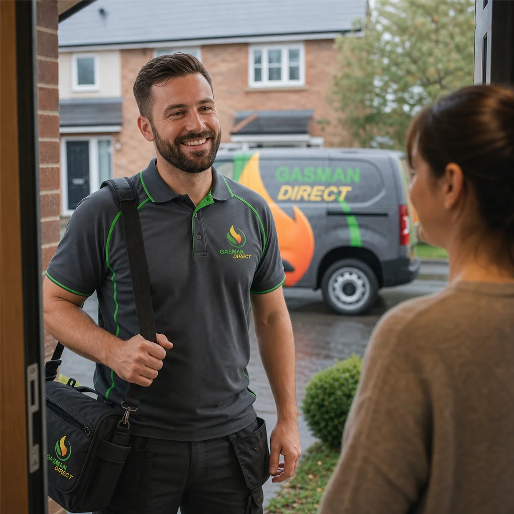 A Gasman Direct engineer greeting a customer at the door