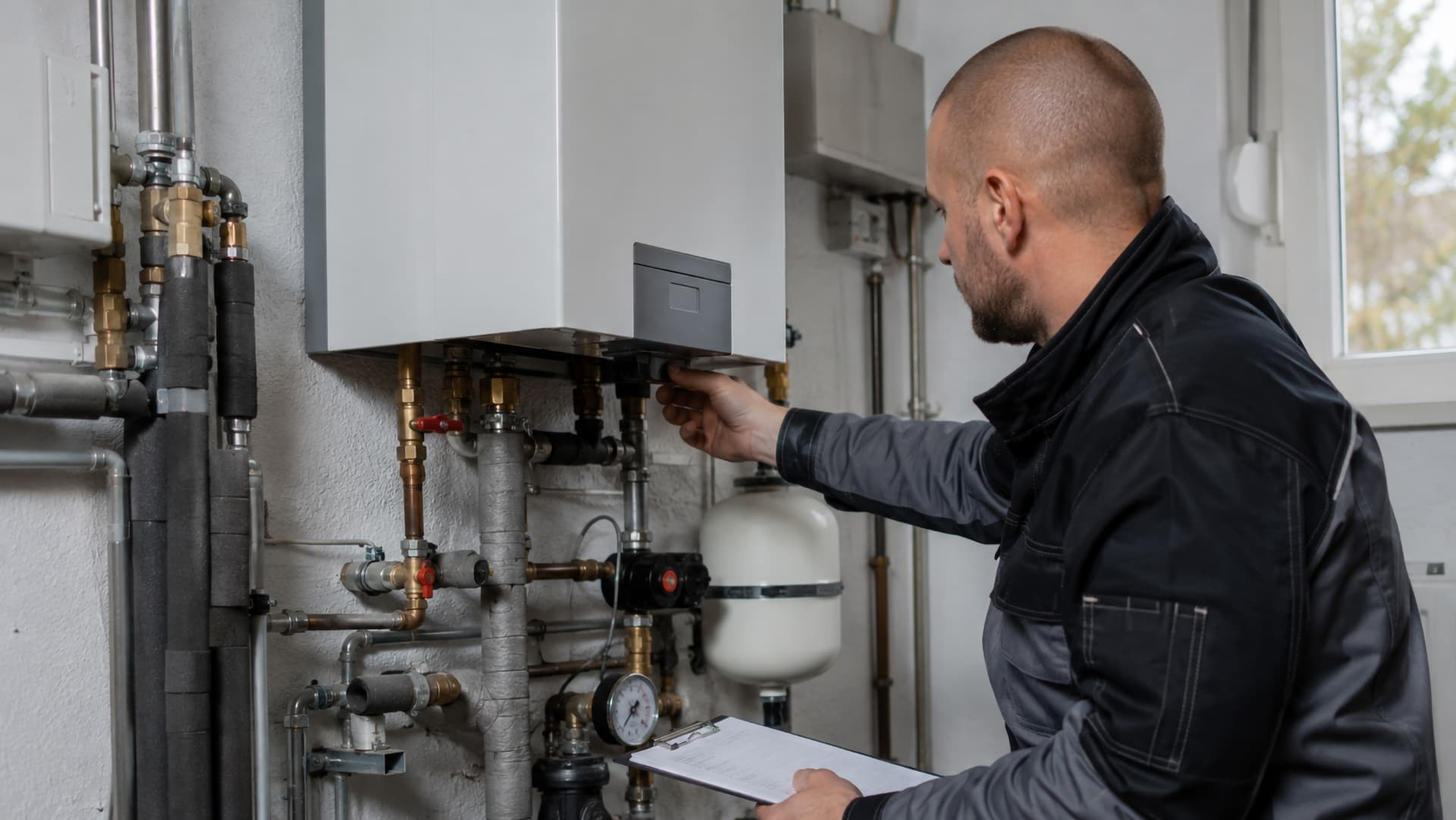 Engineer inspecting a wall-mounted boiler with a service record